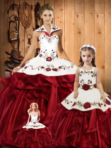 Satin and Organza Sleeveless Floor Length Quinceanera Dress and Embroidery and Ruffles