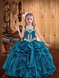 Elegant Organza Straps Sleeveless Lace Up Embroidery and Ruffles Pageant Dress for Womens in Teal