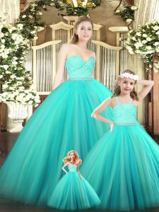 Turquoise Ball Gowns Sweetheart Sleeveless Tulle Floor Length Zipper Beading and Lace Vestidos de Quinceanera