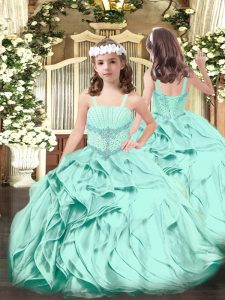 Organza Straps Sleeveless Lace Up Beading and Ruffles Little Girl Pageant Gowns in Apple Green