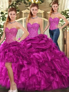 Exquisite Fuchsia Sweetheart Lace Up Beading and Ruffles Quinceanera Dress Sleeveless