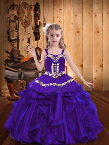 On Sale Floor Length Purple Little Girl Pageant Gowns Organza Sleeveless Embroidery and Ruffles