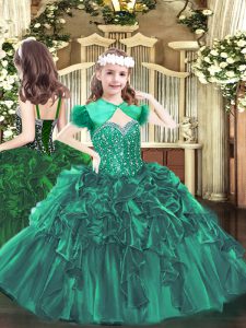 Beauteous Floor Length Dark Green Kids Pageant Dress Organza Sleeveless Beading and Ruffles