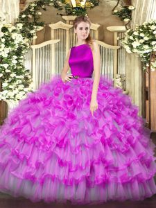 Scoop Sleeveless Quinceanera Dresses Floor Length Ruffled Layers Fuchsia Organza