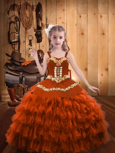 Hot Selling Rust Red Ball Gowns Organza Straps Sleeveless Embroidery and Ruffled Layers Floor Length Lace Up Little Girls Pageant Dress