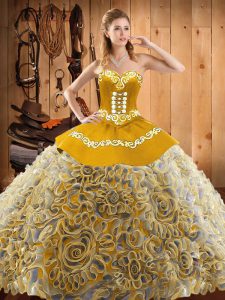 Multi-color Ball Gowns Sweetheart Sleeveless Satin and Fabric With Rolling Flowers With Train Sweep Train Lace Up Embroidery Quinceanera Dresses