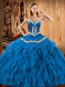 Hot Sale Satin and Organza Sweetheart Sleeveless Lace Up Embroidery and Ruffles Sweet 16 Dresses in Blue