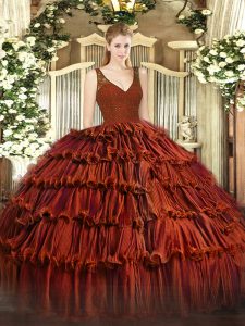 Colorful Organza Sleeveless Floor Length Quince Ball Gowns and Beading and Lace and Ruffled Layers