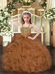 Trendy Brown Little Girl Pageant Dress Party and Quinceanera with Beading and Ruffles Straps Sleeveless Lace Up