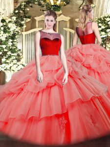 Fabulous Sleeveless Organza Floor Length Zipper Quinceanera Gown in Watermelon Red with Beading and Appliques