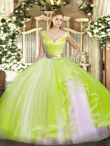 Super Floor Length Zipper 15 Quinceanera Dress Yellow Green for Military Ball and Sweet 16 and Quinceanera with Beading and Ruffles