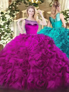 New Arrival Fabric With Rolling Flowers Scoop Sleeveless Zipper Beading Quinceanera Dresses in Fuchsia