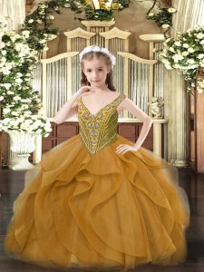 V-neck Sleeveless Girls Pageant Dresses Floor Length Beading and Ruffles Brown Tulle