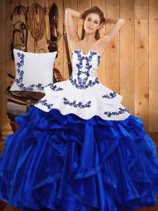Sleeveless Floor Length Embroidery and Ruffles Lace Up Sweet 16 Dresses with Blue