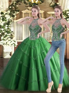 Fine Floor Length Lace Up Quinceanera Dresses Green for Military Ball and Sweet 16 and Quinceanera with Beading