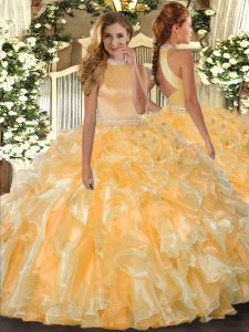 Halter Top Sleeveless Quince Ball Gowns Floor Length Beading and Ruffles Gold Organza