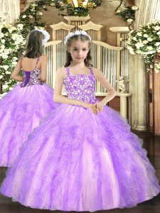 Tulle Straps Sleeveless Lace Up Beading and Ruffles Pageant Gowns For Girls in Lavender