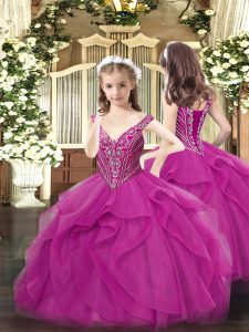 V-neck Sleeveless Lace Up Kids Formal Wear Fuchsia Tulle