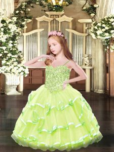 Yellow Green Ball Gowns Organza Spaghetti Straps Sleeveless Appliques Floor Length Lace Up Pageant Dress for Teens