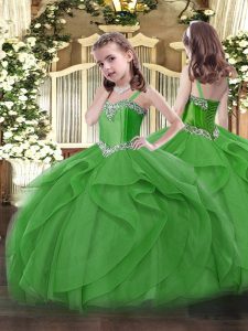 Sleeveless Tulle Floor Length Lace Up Pageant Dress Toddler in Green with Beading and Ruffles