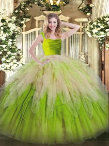 Eye-catching Floor Length Yellow Green Quinceanera Dress Organza Sleeveless Lace and Ruffles