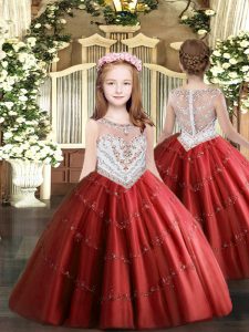 New Style Red Ball Gowns Tulle Scoop Sleeveless Beading and Appliques Floor Length Zipper Custom Made Pageant Dress