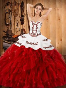 Designer Wine Red Sleeveless Satin and Organza Lace Up Sweet 16 Dresses for Military Ball and Sweet 16 and Quinceanera