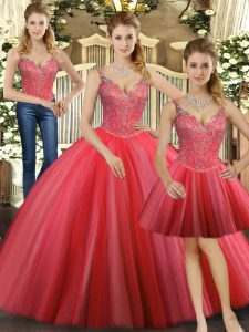 Gorgeous Coral Red Three Pieces Straps Sleeveless Tulle Floor Length Lace Up Beading Sweet 16 Dress