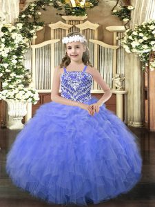 Fashionable Sleeveless Floor Length Beading and Ruffles Lace Up Pageant Gowns with Blue