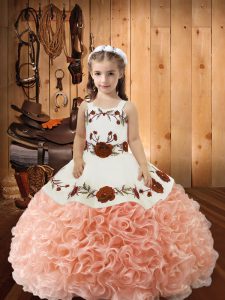 Super Peach Winning Pageant Gowns Sweet 16 and Quinceanera with Embroidery and Ruffles Straps Sleeveless Lace Up