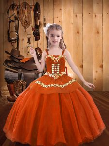 Dazzling Orange Red Organza Lace Up Kids Pageant Dress Sleeveless Floor Length Embroidery and Ruffles