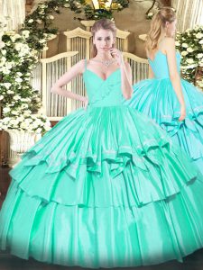 Turquoise Ball Gowns Spaghetti Straps Sleeveless Taffeta Floor Length Zipper Ruffled Layers Quinceanera Dress