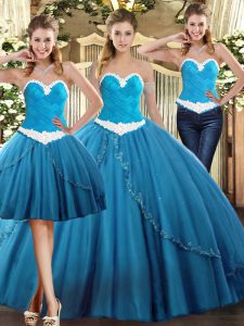 Teal Ball Gowns Beading 15 Quinceanera Dress Lace Up Tulle Sleeveless Floor Length