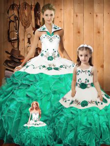 Floor Length Green 15th Birthday Dress Halter Top Sleeveless Lace Up