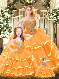 Fantastic Orange Red Ball Gowns Beading and Ruffled Layers 15th Birthday Dress Lace Up Tulle Sleeveless Floor Length