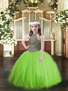 Customized Lace Up Halter Top Beading Pageant Dress for Teens Tulle Sleeveless