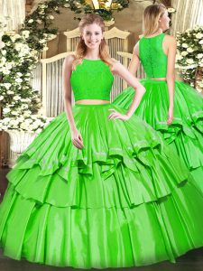 Comfortable Green Tulle Zipper Scoop Sleeveless Floor Length Quince Ball Gowns Ruffled Layers