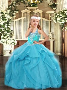 Trendy Floor Length Lace Up Pageant Dress Aqua Blue for Party and Quinceanera with Beading and Ruffles