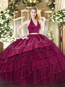 Floor Length Burgundy Sweet 16 Dresses Halter Top Sleeveless Zipper