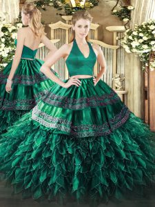 Shining Dark Green Two Pieces Appliques and Ruffles Quinceanera Dress Zipper Organza Sleeveless Floor Length