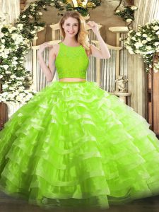 Chic Yellow Green Organza Zipper Scoop Sleeveless Floor Length Quinceanera Dresses Lace and Ruffled Layers