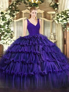 Free and Easy Beading and Ruffled Layers Sweet 16 Dresses Purple Zipper Sleeveless Floor Length