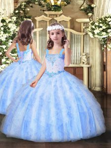 Floor Length Light Blue Girls Pageant Dresses Straps Sleeveless Lace Up