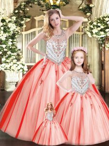 Beautiful Red Ball Gowns Tulle Scoop Sleeveless Beading Floor Length Lace Up Vestidos de Quinceanera