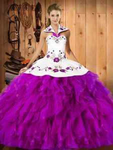 Fuchsia Sleeveless Floor Length Embroidery and Ruffles Lace Up Quinceanera Gowns