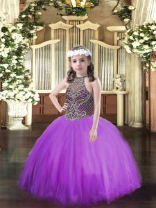 High End Eggplant Purple Halter Top Neckline Beading Child Pageant Dress Sleeveless Lace Up