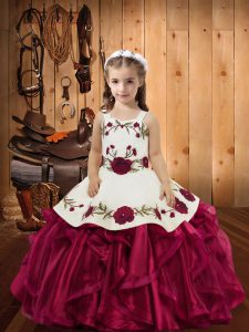 Red Ball Gowns Embroidery and Ruffles Girls Pageant Dresses Lace Up Organza Sleeveless Floor Length