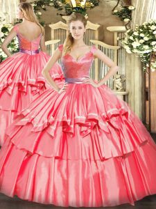 Stunning V-neck Sleeveless Tulle Quinceanera Gown Beading and Ruffled Layers Zipper