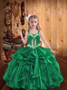 Turquoise Ball Gowns Organza Straps Sleeveless Beading and Embroidery and Ruffles Floor Length Lace Up Pageant Dress Toddler