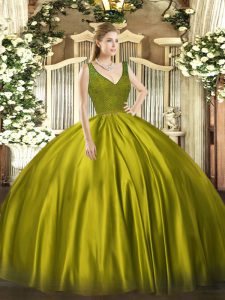 Olive Green Ball Gowns Beading and Lace Sweet 16 Dresses Backless Satin Sleeveless Floor Length